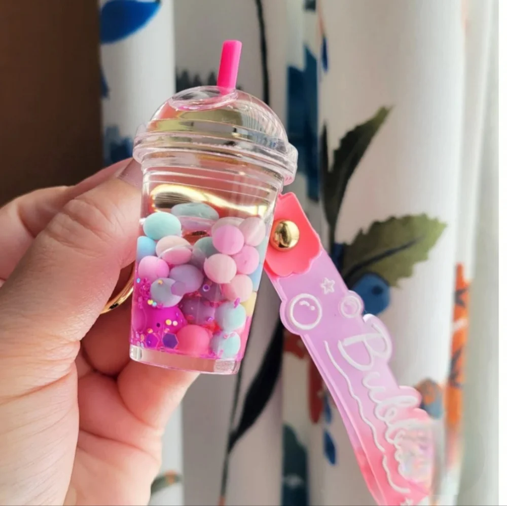 Pink Pearl Bubble Milk Tea‎ Keychain with Gold Accents Boba Drink Purse Charm